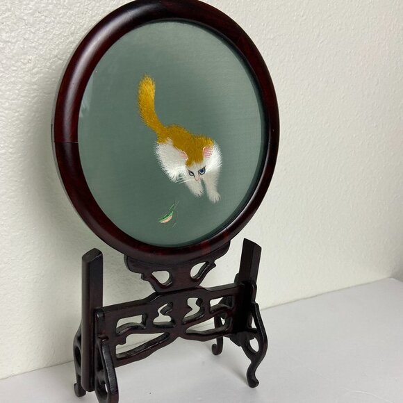 Vintage Asian bubble glass cat silk embroidery on wood base
